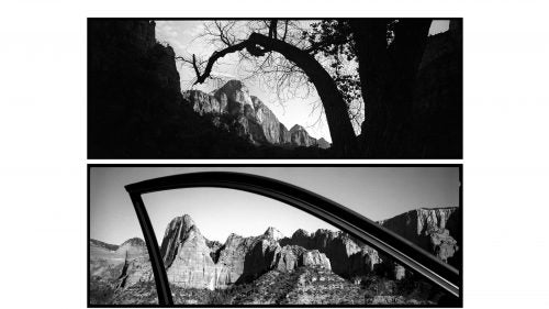 Above: The natural arch of a tree frames a peak in Zion Canyon. Below: In the Kolob Canyons, the arch of a car door frames the view.