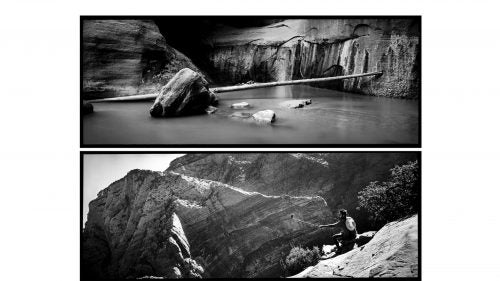 Above: A log lodges between a boulder and the towering cliffs of the Narrows, awaiting the next flash flood to move it downstream. Below: A man memorializes his 1,500-foot ascent to Angel's Landing with the instant gratification of a selfie stick.