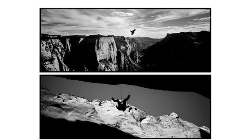 As I prepared for my artist in residency program at Zion National Park last September, I faced a daunting challenge. More than three million people visited the park the previous year, most of them with a camera. Legendary photographers have captured this extraordinary place. What could I offer to the visual conversation that was different?
I read the original 1916 congressional act giving the National Park Service two mandates that are sometimes at odds with each other: “to conserve” and “to provide for the enjoyment of” our national treasures (often through development). Striving to capture this delicate balancing act on film became the driving force behind my month in Zion.
I chose to use a Hasselblad XPan II panoramic film camera. The long, narrow frame lends a cinematic feel, but the 16-year-old camera did not allow me to see what I shot each day. I only saw the shots after I processed all 105 rolls of film when I returned home. Thankfully, all the planning and detailed mental notes during hours of hiking produced many images that unexpectedly lined up together.
Each of these diptychs pairs similar or contrasting images of both natural beauty and humans interacting with nature. I hope the combination says something greater than either image could say alone.
Photo: More than 2,000 feet above Zion Canyon, a bird whips past Observation Point free to ride the currents and drafts, while a rock climber is suspended in a slot canyon of Zion’s Kolob Canyons.