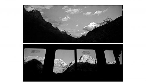 Above: The setting sun grazes the mountaintops at the entrance to Zion Canyon. Below: Those same mountains are seen through the windows of a shuttle bus, which has carried into the canyon some of the more than three million visitors who visited in the past year.