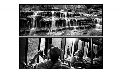 Above: Three miles of cold river hiking up the Left Fork rewards with a stair-step cascade on the way to the iconic Subway. Below: Shuttle bus passengers experience nature as many of us do, through windows and with our electronic devices.