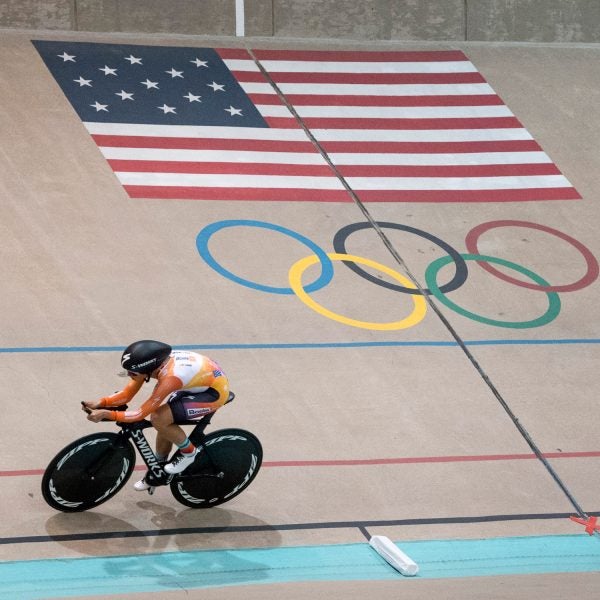 Evelyn Stevens races around the Olympic Training Center Velodrome on her way to breaking the the womenís cycling hour record.