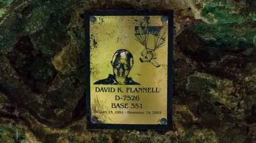 A memorial attached to a rock at the base of Golondrinas. David Flannell, a BASE jumper, died in a rappelling accident in 2003. Although Sotano De Las Golondrinas has been made famous by the scene of BASE jumpers in BBC’s “Planet Earth” series, the activity is no longer allowed because of the sound of parachutes opening disturbs the birds that live in the cave.