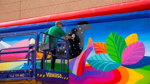 The other side of San Miguel’s truck features a colorful landscape scene. Some of the trucks will feature art on the inside, acting as mobile galleries for a handful of the artists.