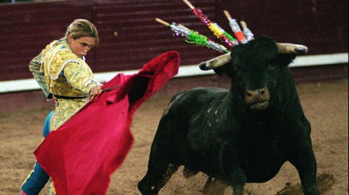 Spanish bullfighter Cristina Sanchez shows her skills in the Campo Pequeno bullring in Lisbon.