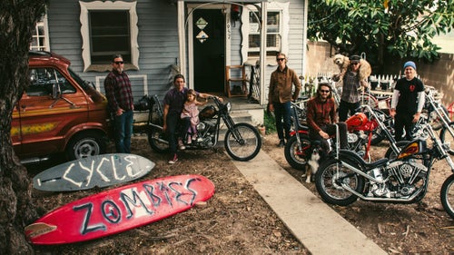 The work and imagery of Cycle Zombies expresses a strong sense of camaraderie, of standing together as a family. This family looks out for each other, dedicated to their shared passions for surfing, skating, and building and riding motorcycles.