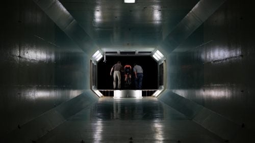 The secret to speed can be found in a nondescript building just north of San Diego off I-5. For the past 69 years, companies have tested the aerodynamics of their planes and missiles in the city’s wind tunnel. Now cyclists use the facility, too, with the goal of finding the ideal equation that maximizes speed while minimizing power output. Earlier this year, U.S. pro bike team Rally Cycling visited the wind tunnel with three of its top time-trialists—Rob Britton, Adam de Vos, and Evan Huffman—to dial in their body positions before the season’s big races, including this week’s Tour of California. The team spent a day in the tunnel under the guidance of HED Cycling aerodynamics guru Dino Edin, who adjusted each riders’ ergonomics and cockpit mechanics. Here’s an inside look at that process.
Photo: Wind tunnel testing is a science of millimeters. It involves incremental adjustments to a rider’s position and the bike components.