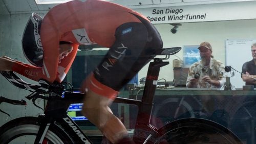 Britton fights the wind as the techs in the control room monitor the data. The two most important metrics are drag coefficient and power output, measured in watts. Low drag and high watts equates to speed.