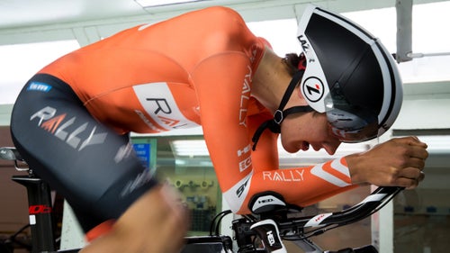 Rally Cycling’s Adam De Vos tests one of the team’s Lazer aero helmets.