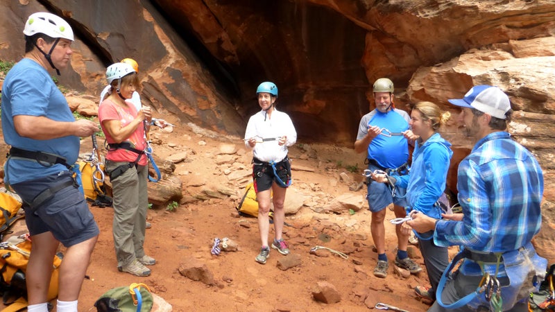 Members of the VHC receive training from Zion Adventure Company instructors Laura Dahl and B. J. Cassell.