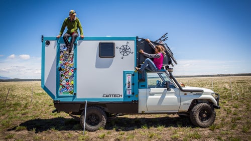 Alex Milan, 29, and Mathilde Treille, 29, from Lyon, France, are in the middle of a two-year road trip of North America in their 1996 70 Series Land Cruiser, which they cut and stretched to fit the custom camper. Milan, who runs a French camper company called Cartech, builds each one with a custom aluminum frame. All Cartech campers have plenty of storage for large toys like kayaks and bikes.