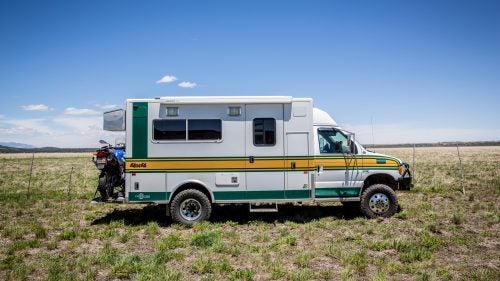 Modified Land Cruisers and pickup trucks are great, but we also saw some more creative rigs. Pete Luchka, 57, of La Verkin, Utah, found this four-wheel-drive 1997 Ford E450 Box ambulance on Craigslist, then added solar panels, a full-size stove, fridge, and furnace to make it a self-contained adventuremobile. He carries a motorcycle on the back in case he gets the beast into a sticky situation and needs to get help.
