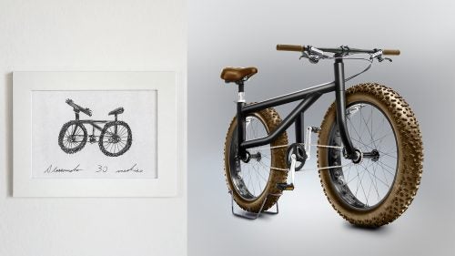 A design from my cousin, who’s a doctor and biked regularly until a few years ago. I guess he’s just not the best observer: his design is possibly the oddest, with both a lateral frame and two-wheel drive.