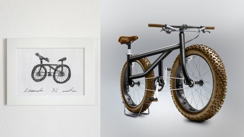 A design from my cousin, who’s a doctor and biked regularly until a few years ago. I guess he’s just not the best observer: his design is possibly the oddest, with both a lateral frame and two-wheel drive.