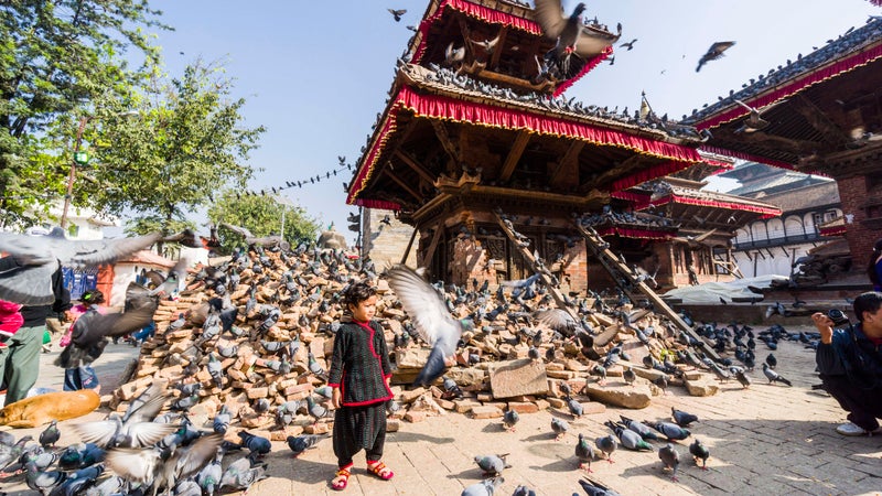 Bricks piled up near the old temples after the 2015 earthquake.