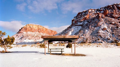 Abiquiu, New Mexico, U.S. 84. I passed this stop when I was driving back to Texas after being in Colorado for Christmas. We were the first ones to stop there since snow had fallen overnight.