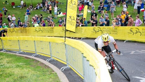 Edwin Ávila, Columbia’s road race national champion, attacks alone on Lemon Hill in the quest for King of the Mountain points. The guy you see on the far left of the frame ended up taking taking top points. Perhaps Mr Ávila mistimed things?
