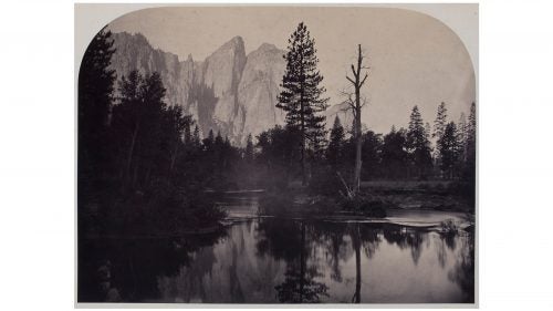 Carleton Watkins’ image of the Merced River in 1861. Watkins traveled to Yosemite in the 1860’s with a custom-made 18-by-22-inch wet-plate camera. It was later revealed that it took 12 mules to carry the photographer’s equipment.