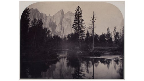 Carleton Watkins’ image of the Merced River in 1861. Watkins traveled to Yosemite in the 1860’s with a custom-made 18-by-22-inch wet-plate camera. It was later revealed that it took 12 mules to carry the photographer’s equipment.