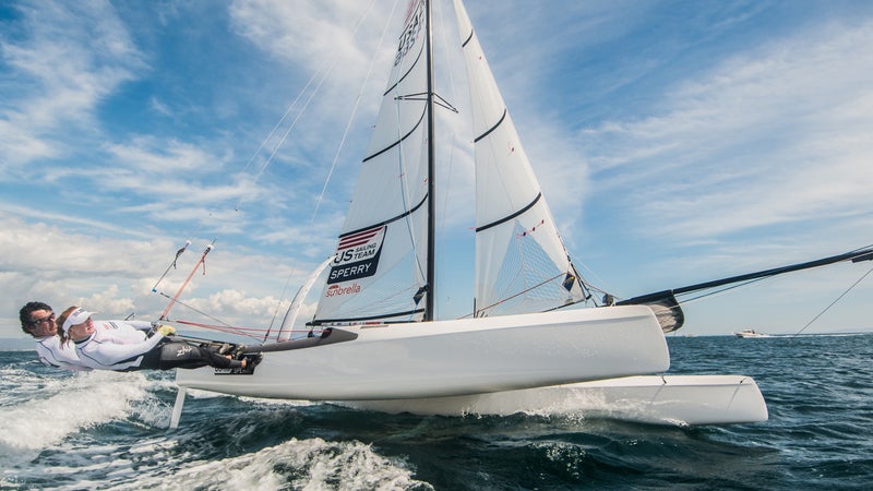 Bora Gulari (left) and louisa Chafee on an ultra-fast Nacra 17.