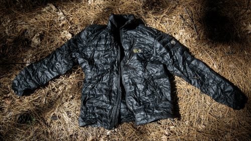 Synthetic clothing, aside from fire-resistant Nomex, is unsafe to wear while battling a wildfire. The heat will literally shrink-wrap you inside your high-tech fabrics, leading to nasty burns. Mecham, however, still carries this down puffy (he can’t remember the model) for those few times a year when he has to bivy in the field where there’s no fire danger.