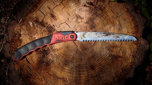 Even though each hotshot crew carries three chainsaws, Mecham still keeps a Silky F180 large-tooth folding saw in his pack. As squad boss, he often scouts ahead of the crew and frequently uses the saw to clear a path through the brush.