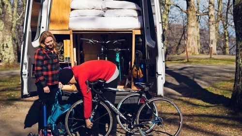 They found a 2009 Sprinter cargo van on Craigslist with 100,000 miles on it and set about converting it into a mobile surf, ski, and bike shack, with help from Sprintervandiaries.com.