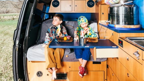 They had their Westy towed to Sacramento, where Vanagon guru Stephan White stripped it and grafted all the useful bits—including four-wheel drive—onto a hard-top 1990 VW passenger van, then pimped it out with a rugged aftermarket suspension, skid plates, and a welded-on Westfalia pop-top. Brendan had spent half his childhood sailing the world with his parents, so they added yacht-inspired touches like wooden cabinetry and a foot-pumped sink. “You can be conservative with water, and it doesn’t use any electricity,” he says.