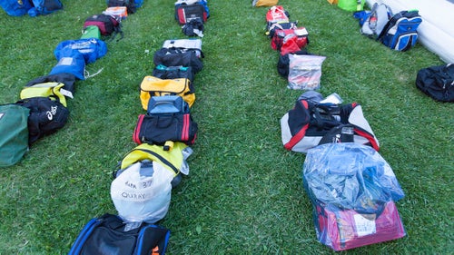 Competitors’ drop bags, filled with comforts like new clothes and food, wait at the Ouray checkpoint.