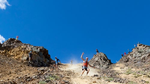 Jason Schlarb (orange) Kilian Jornet (blue) and Xavier Thevenard (black) descend a scree field into Grant Swamp Pass. The Hardrock 100, which begins and ends in Silverton, Colorado, covers 100 miles of some of the state’s most difficult and remote terrain.