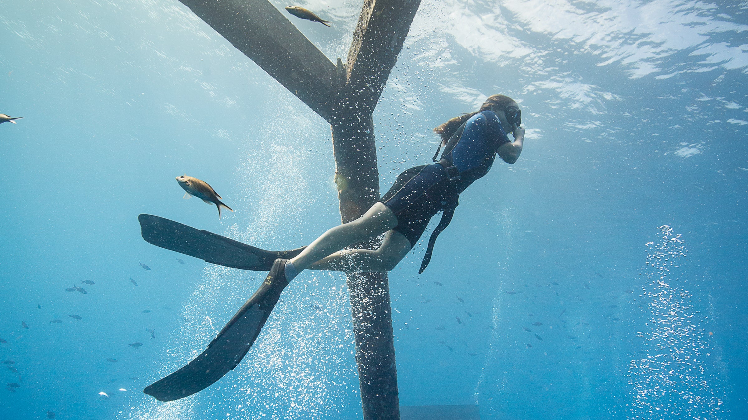 Eliot freediving on the wreck of the USS Kittiwake, off Grand Cayman