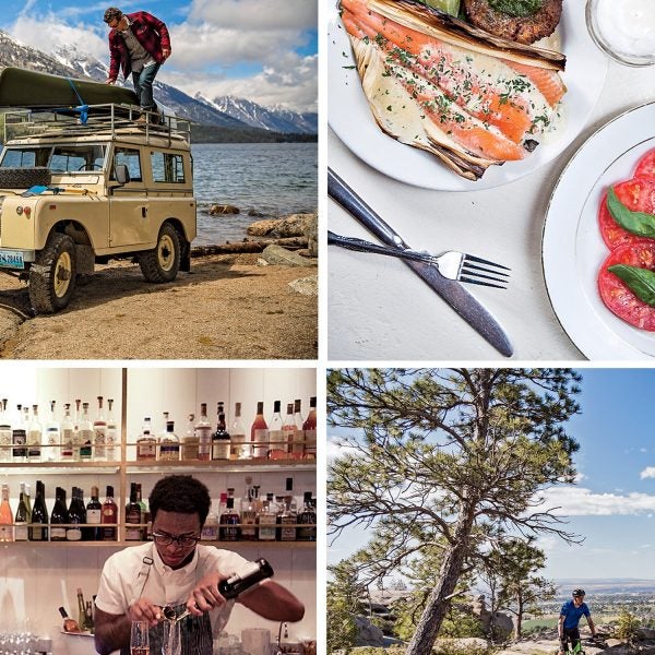 Clockwise from top left: Grand Teton National Park; The Love Apple in Taos, New Mexico; mountain biking in Billings, Montana; Seattle's Bar Melusine.
