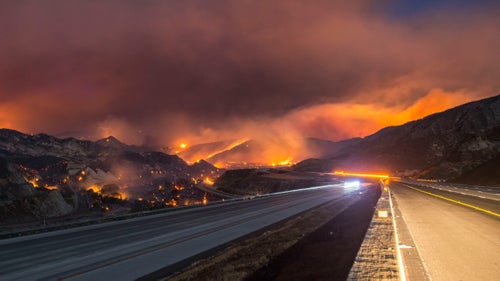 The Blue Cut Fire burns in San Bernardino County on the evening of August 16, 2016.
Palley says he likes to show up to a fire during the day to scope out his shots, then come back after the sun sets with a tripod to make the kind of night shots he’s known for. His night shots are part of a project he’s calling “Terra Flama.”