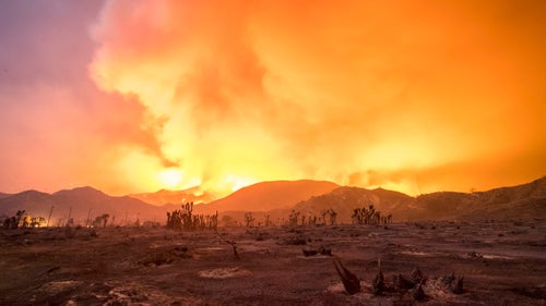 The Blue Cut Fire burns in San Bernardino County on the evening of August 16, 2016.
Out in the field, Palley dresses just like a wildland firefighter. He wears Nomex, carries a fire shelter, use wildland boots, and even carries a Mystery Ranch wildland pack. He modified his helmet so he could mount a 3-axis stabilizer for GoPros.