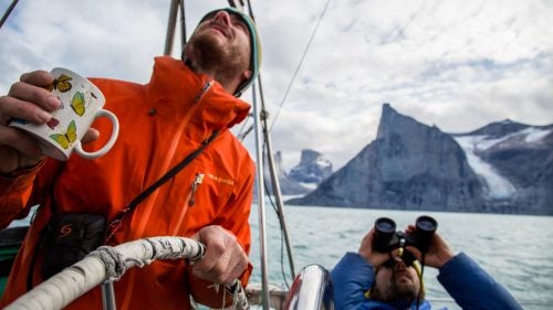 Best mode of transportation in the Arctic Circle? Sailboat. Here, the Favresse brothers scope out some new routes in the Sam Ford Fjord of Baffin Island.