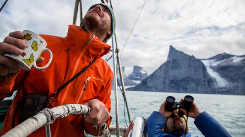 Best mode of transportation in the Arctic Circle? Sailboat. Here, the Favresse brothers scope out some new routes in the Sam Ford Fjord of Baffin Island.