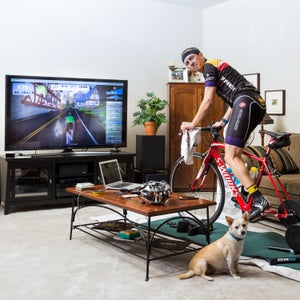The author Zwifting away at home in Austin, Texas.