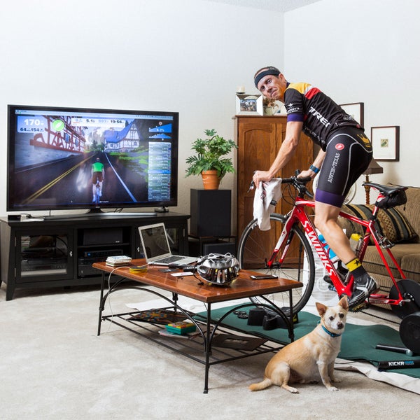 The author Zwifting away at home in Austin, Texas.