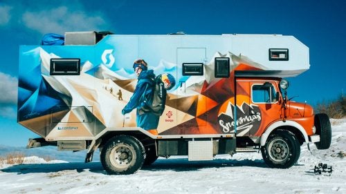 The Snowmads truck was originally used as a fire truck in Germany. It weighs 11 tons at capacity, which includes 400 liters of diesel and 450 liters of water. When the truck is in extremely remote areas and runs low on electricity, it’s powered by solar panels on the roof and an integrated generator. “When testing it, we were really surprised how well the truck did in difficult, off-road terrain,” says Lentsch. “In Turkey, we were plowing through waist-deep snow on a steep and sketchy dirt road, and the truck handled really well.” Before hitting the road, Julian Vogel spray-painted the exterior.