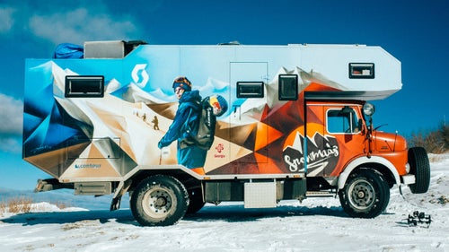 The Snowmads truck was originally used as a fire truck in Germany. It weighs 11 tons at capacity, which includes 400 liters of diesel and 450 liters of water. When the truck is in extremely remote areas and runs low on electricity, it’s powered by solar panels on the roof and an integrated generator. “When testing it, we were really surprised how well the truck did in difficult, off-road terrain,” says Lentsch. “In Turkey, we were plowing through waist-deep snow on a steep and sketchy dirt road, and the truck handled really well.” Before hitting the road, Julian Vogel spray-painted the exterior.