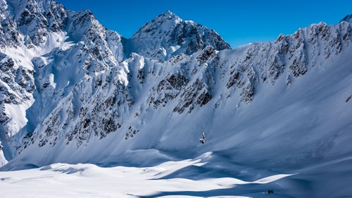 While on the road, Lentsch got advice in each country from in-the-know backcountry skiers like heliguide Flory Kern. In Georgia, Kern told the guys about a massive face with some big spines that rival the steeps of Alaska. He sent Lentsch and Austrian backcountry skier Tobi Tritscher to these chutes, where they jumped into a helicopter to the top of an 800-meter face.