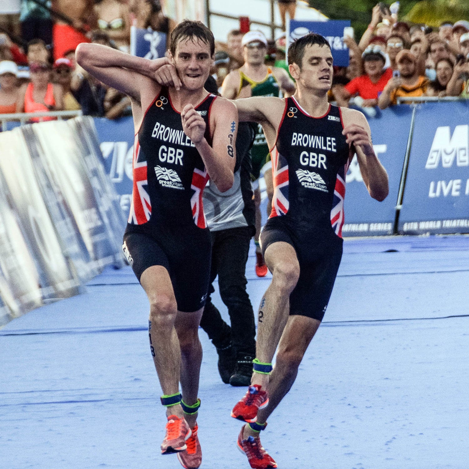The Brownlee brothers nearing the finish on September 18.