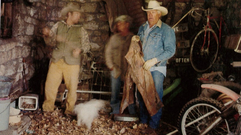 Eaton explains the value of old chaps to ranchers.