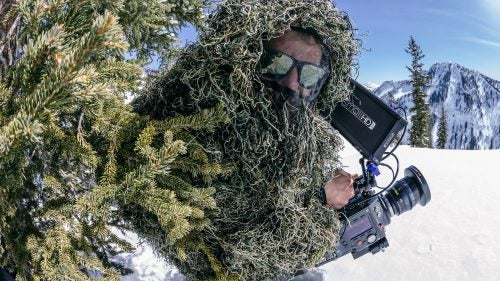 “Wheeler in his ghillie suit filming with the Phantom 4K. This is the corresponding shot to the perfect Gully Gap shot, above. He wore the suit basically so he could be right in the spot for the shot but not mess up the other angles.”
