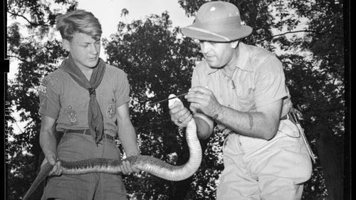 On the eve of the National Parks Service's centennial celebration in August, NPS and Clemson University unveiled a new online digital archive of historic photos from the parks.
The Open Parks Network currently holds more than 100,000 high-resolution photos, and continues to grow. The photos date back to the early 20th century and show just how much visitor experiences have changed over the decades. Feeding the animals—including bears—wasn't so much verboten as it was a major tourist attraction. And to look at some of the outfits, you'll be more thankful than ever for microdown and fleece.
At the same time—provided the right Instagram photo filters, photos of people looking in awe at mountain panoramas or sprawled out in camp could have easily have been taken today. And remember those Canadian teenagers who got in trouble for walking up to a geyser in Yellowstone this summer? They weren't the first.
With the help of Rachel Jane Wittmann, the network’s National Parks metadata specialist, we dove into the archive to find some of the very best photos from the collection so far.
Photo: A man identified as Jack Raymon teaches a Boy Scout how to hold a cottonmouth moccasin, also known as a water moccasin, in 1940. The snakes are extremely venomous.