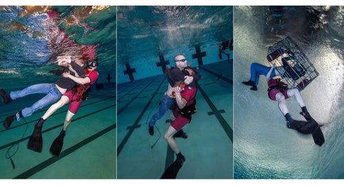 A practice rescue usually involves three parts: AN Eli Neaves “buddy tows” a 200-pound survivor; the survivor then panics and attacks his rescuer; Neaves puts the survivor into a rescue basket.