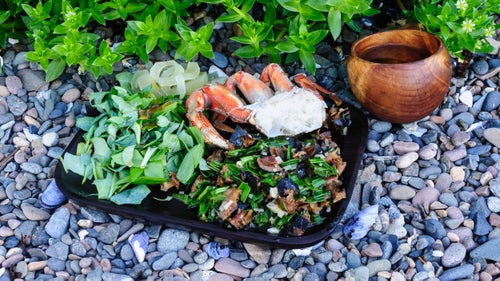 While this was not a typical dinner, we enjoyed celebrating—and taking pictures of—our favorite meals. This dinner included dungeness crab, sautéed goose tongue with chitons, beach green salad, candied bull kelp, and spruce tip tea.