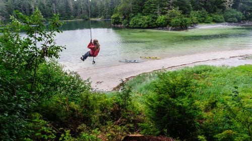 Subsistence was hard work, but we couldn’t resist taking time off from berry picking to try the rope swing in Pirate Cove.