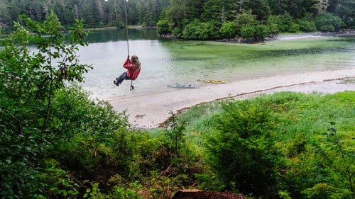 Subsistence was hard work, but we couldn’t resist taking time off from berry picking to try the rope swing in Pirate Cove.