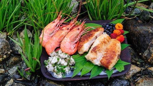 Here, another great meal of fresh-caught spot shrimp, rockfish ceviche, with breaded rockfish on a bed of watermelon-berry leaves. And, of course, blueberries and salmonberries for dessert.